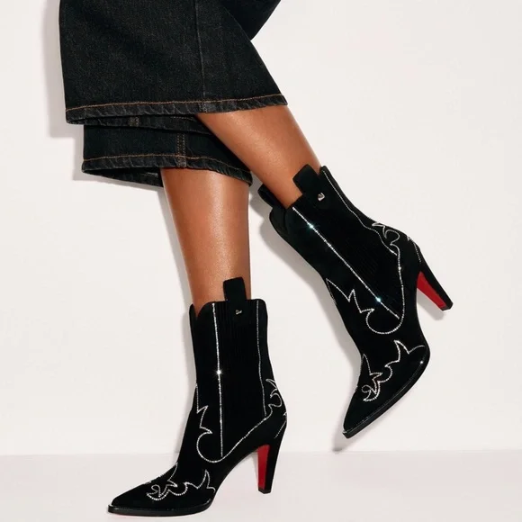Christian Louboutin Santigag Strass 85 Black Suede Western Ankle Heel Boot 40 - Picture 5 of 16